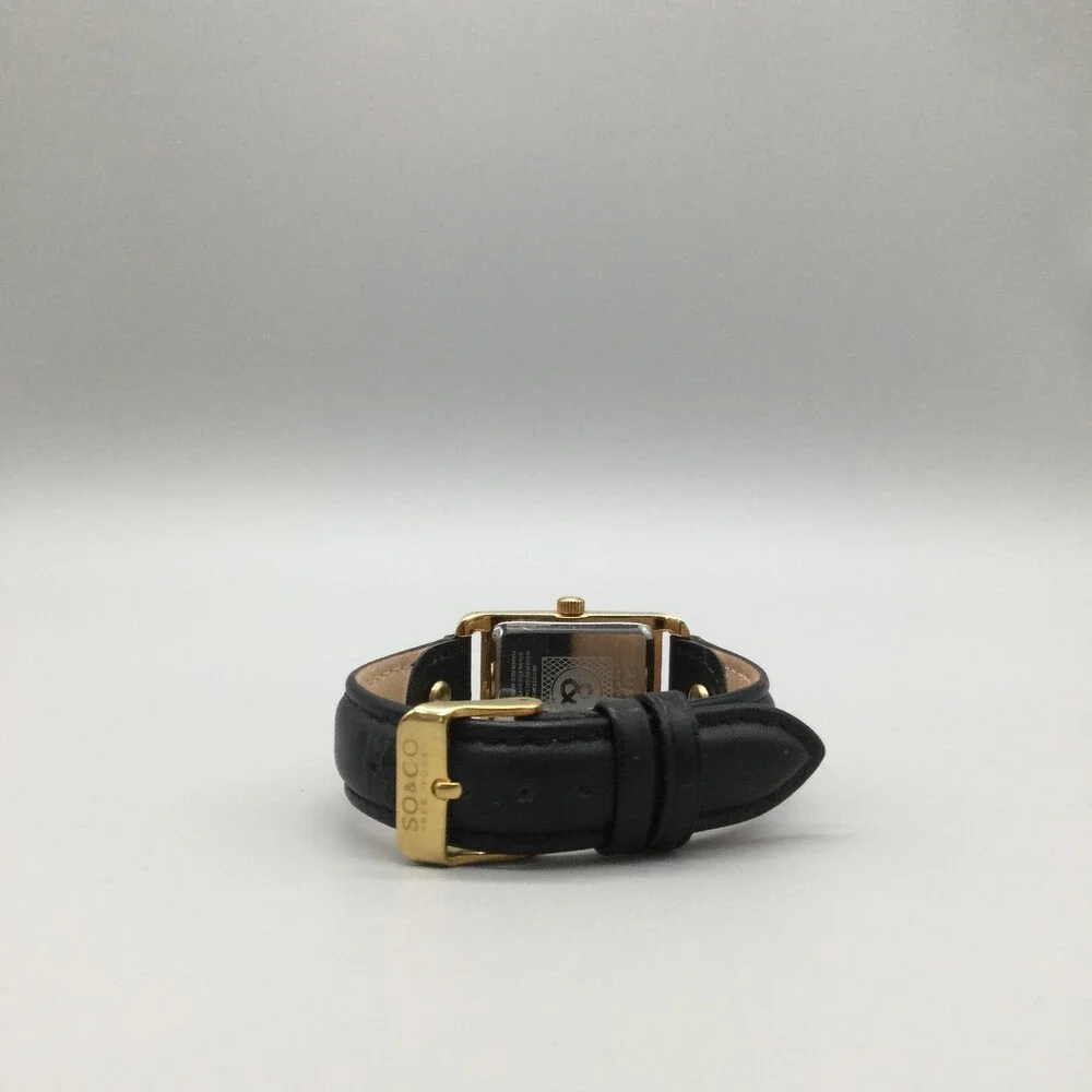 SO&CO New York Womens Watch 25mm Black Dial Gold Tone Leather Strap New Battery